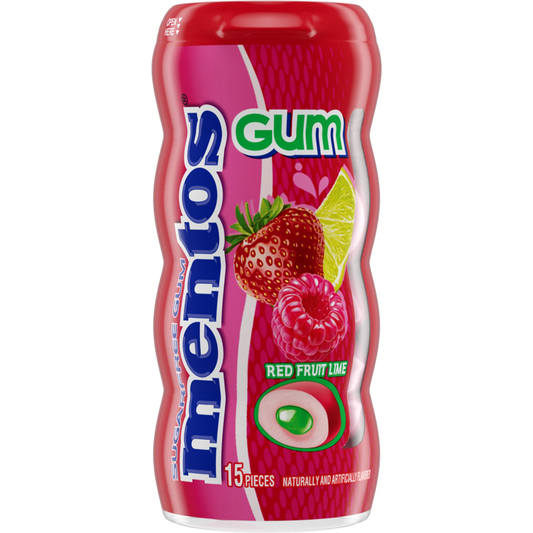 Mentos Gum Sugarfree in Red Fruit and Lime flavors, 15-count pack, showing colorful gum pieces in a clear package.