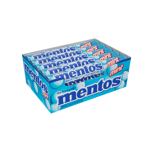 Mentos Mint Chewy Candy Rolls in a 15-pack, featuring bright packaging and mint-flavored chewy candies.