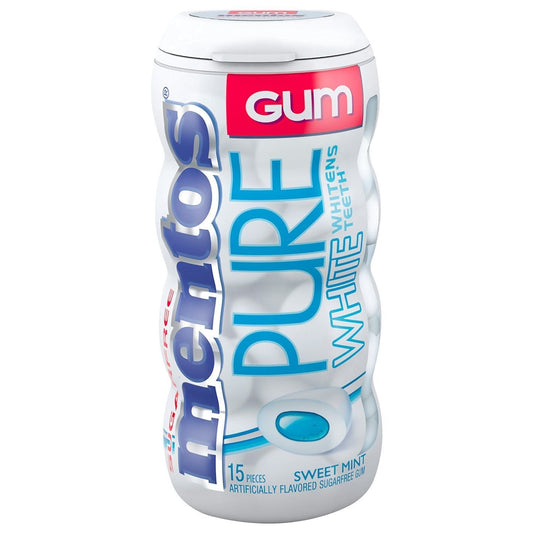Mentos Pure White Sweet Mint Sugarfree Chewing Gum in 1.06 oz package, displayed with fresh mint leaves beside the gum.