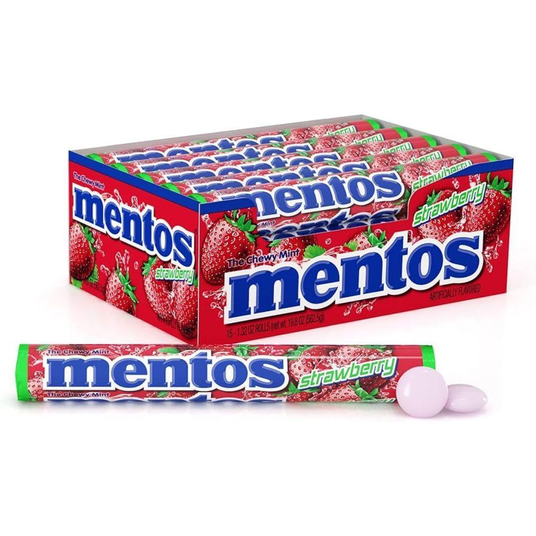 Mentos Strawberry Chewy Candy Rolls in a pack of 15, featuring vibrant strawberry-flavored candies from Pasteur Pharmacy.