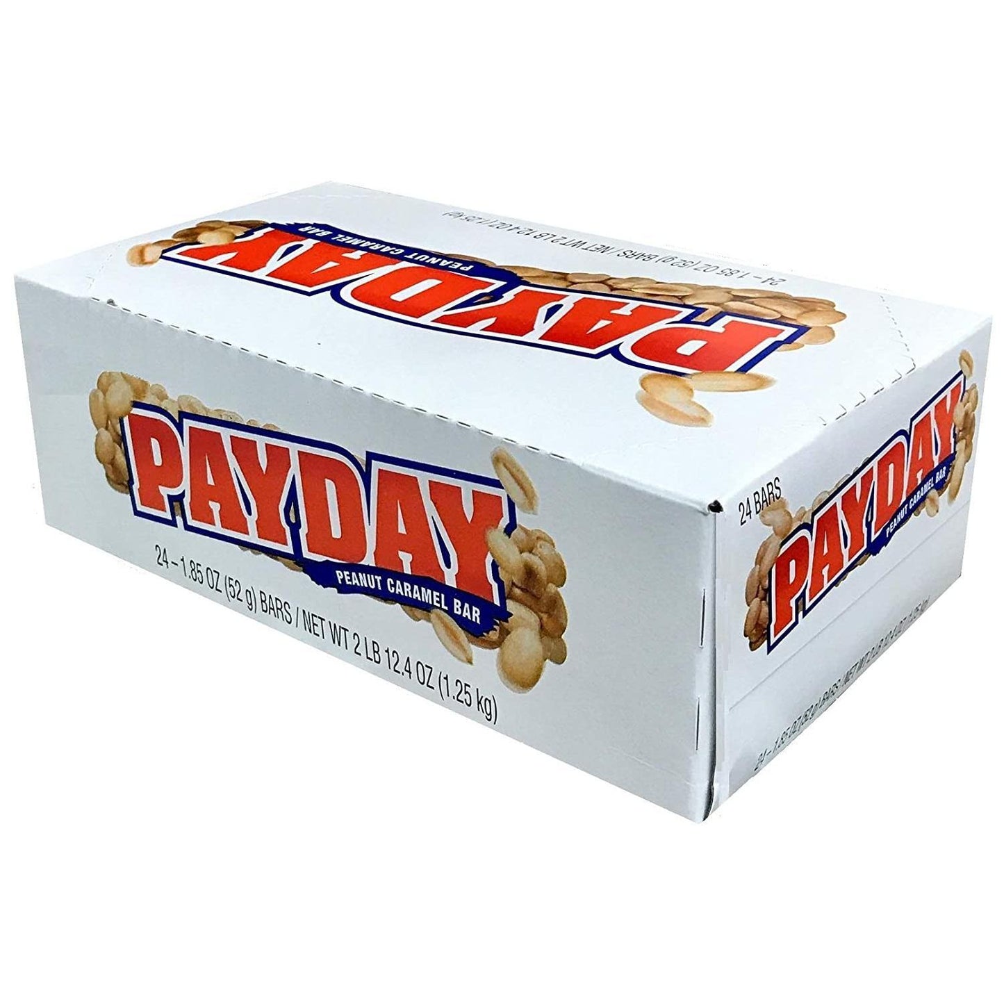 Payday Peanut Caramel Candy Bars in a 24-count box, featuring full-size chocolate and peanut caramel treats.
