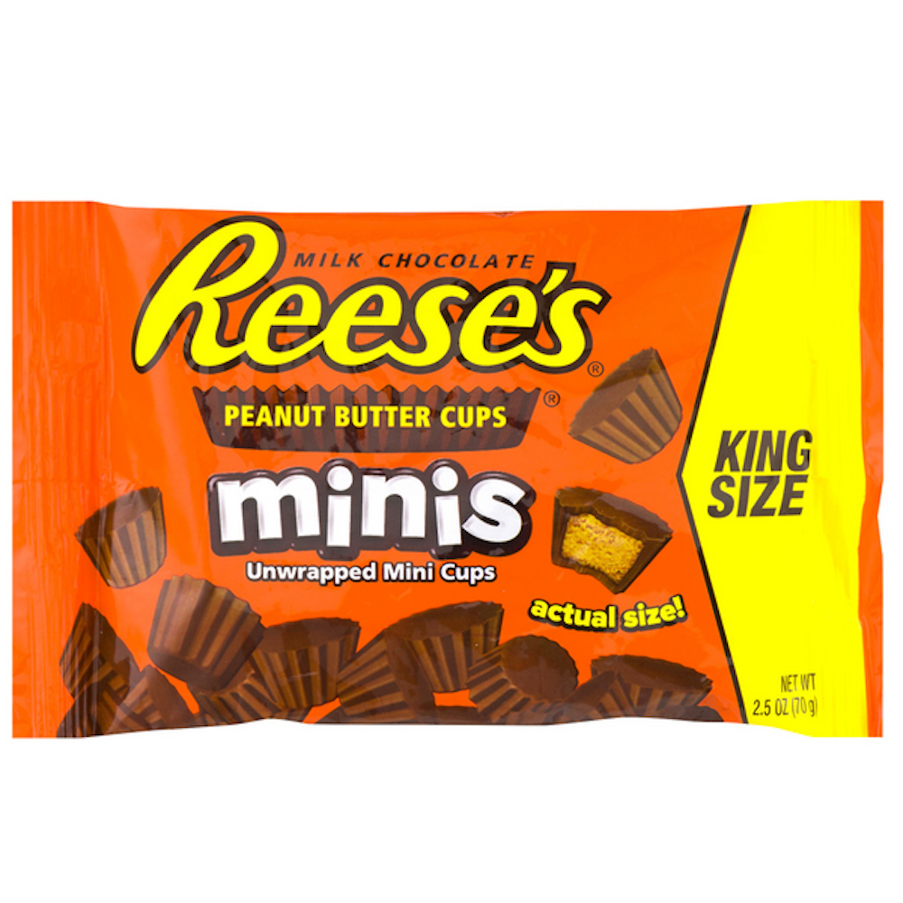 Reese's Minis Milk Chocolate Peanut Butter Cups King Size candy from Pasteur Pharmacy, 2.5 oz, with chocolate and peanut butter filling.