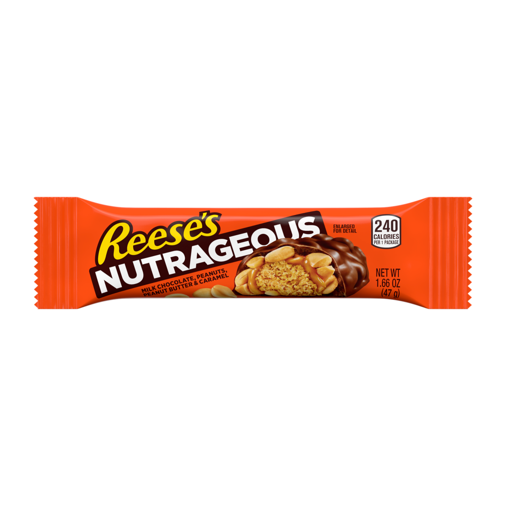 Reese's Nutrageous chocolate peanut butter candy bar from Pasteur Pharmacy, showing the candy bar with peanut butter and chocolate coating.