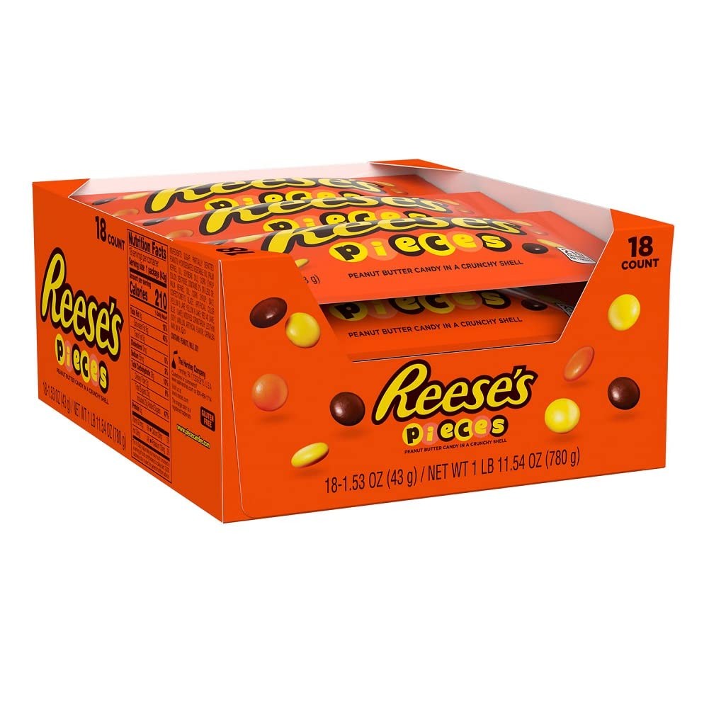 Reese's Pieces peanut butter candy in a 1 lb bag, featuring colorful small candy pieces from Pasteur Pharmacy.
