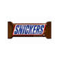Snickers full-size milk chocolate candy bar, 1.86 oz, showing the chocolate-coated nougat bar with caramel and peanuts.