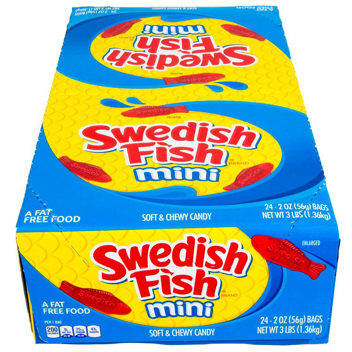 Red Swedish Fish candy from Pasteur Pharmacy, 24 packs of 2 oz each, colorful gummy fish in a clear bag.