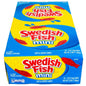 Red Swedish Fish candy from Pasteur Pharmacy, 24 packs of 2 oz each, colorful gummy fish in a clear bag.