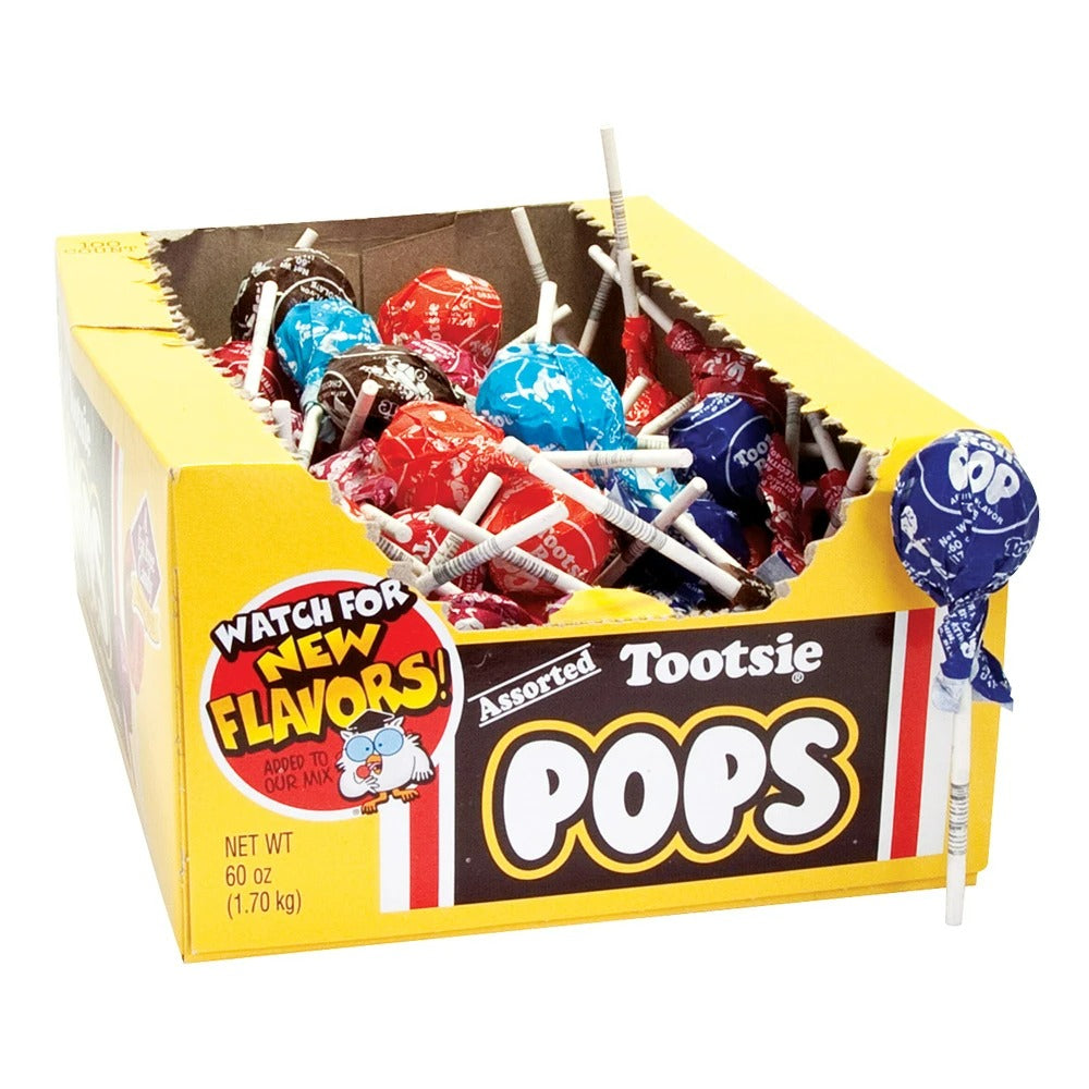 Assorted flavor Tootsie Roll Industries Pops candy by Pasteur Pharmacy, featuring colorful lollipops in a clear wrapper.