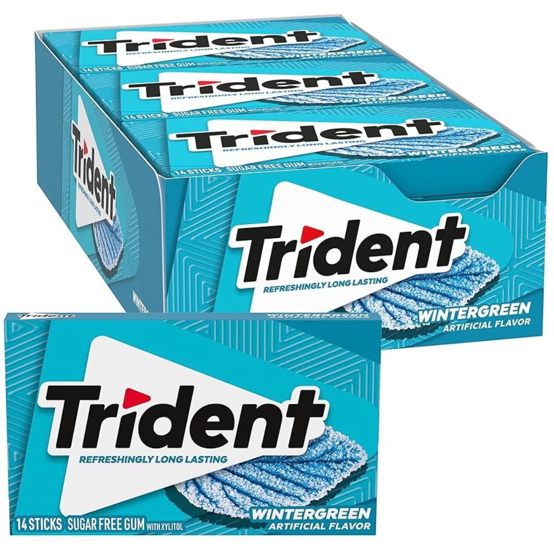 Trident Gm 12x14 Wintergreen chewing gum pack, featuring fresh mint-flavored candies, displayed with colorful packaging.