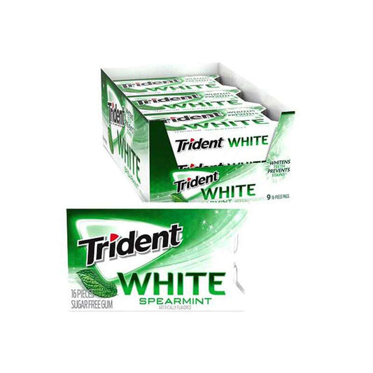 Trident Sugar Free Gum in white spearmint flavor, showing a pack of spearmint-flavored chewing gum from Pasteur Pharmacy.