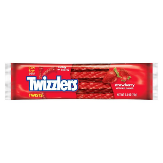 Pack of 18 Strawberry Twizzlers chewy candy, full-size 2.5 oz, featuring bright red twisted candy sticks.