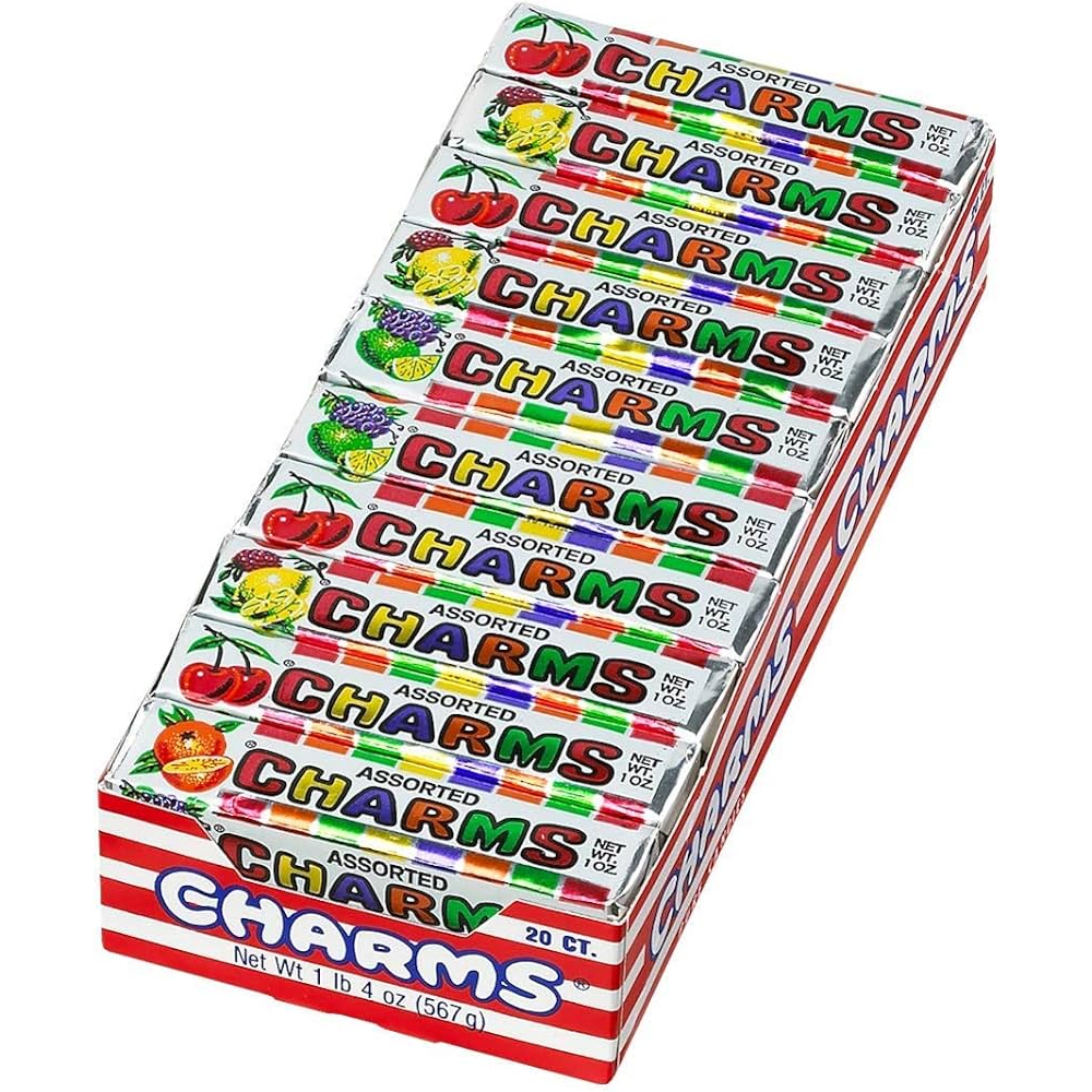 Assorted fruit-flavored charms squares candy in a 20-count pack from Pasteur Pharmacy, colorful and individually wrapped.