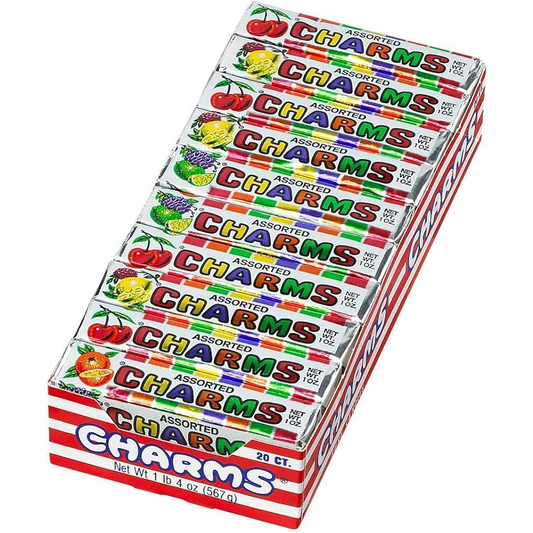 Assorted fruit-flavored charms squares candy in a 20-count pack from Pasteur Pharmacy, colorful and individually wrapped.