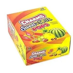 Assorted Charms Sweet Sour Pops in a 48-count box, colorful candy lollipops from Pasteur Pharmacy.