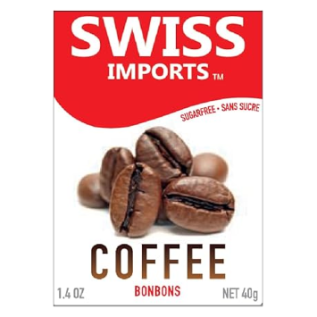 Swiss Imports Coffee sugar-free bonbons hard candy drops in a 1.4 oz package, featuring coffee flavor and colorful candy pieces.