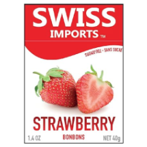 Swiss Imports Strawberry Sugar-Free Bonbons in a clear plastic wrapper, showcasing red hard candy drops from Pasteur Pharmacy.