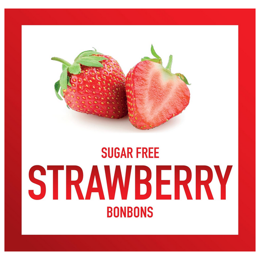 Swiss Imports strawberry sugar-free bonbons hard candy drops in a clear 1.4 oz package, showing bright red candies.