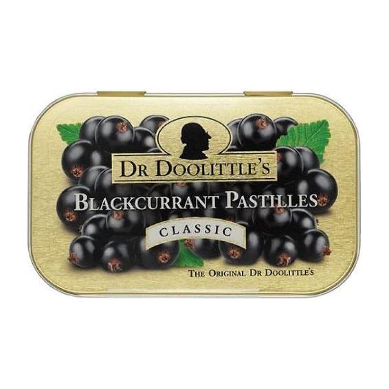 Blackcurrant Dr Doolittle's Classic Pastilles in a 25-count box, colorful candy and sweets by Pasteur Pharmacy.