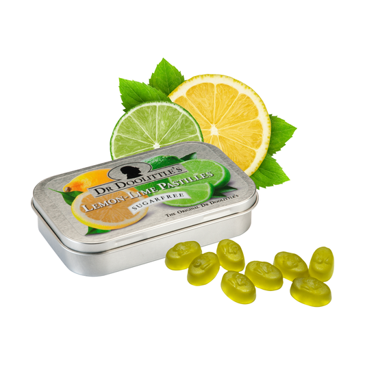 Dr Doolittle's Lemon-Lime Sugarfree Pastilles by Pasteur Pharmacy, 25-count, 60g, colorful candies in a clear container