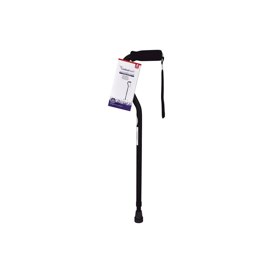 Black adjustable Cardinal Health cane with offset handle, designed for support and stability in walking and mobility assistance.