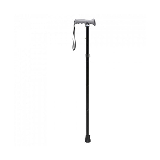Black Drive Medical adjustable folding cane with gel hand grip, lightweight and portable walking stick for support and mobility.