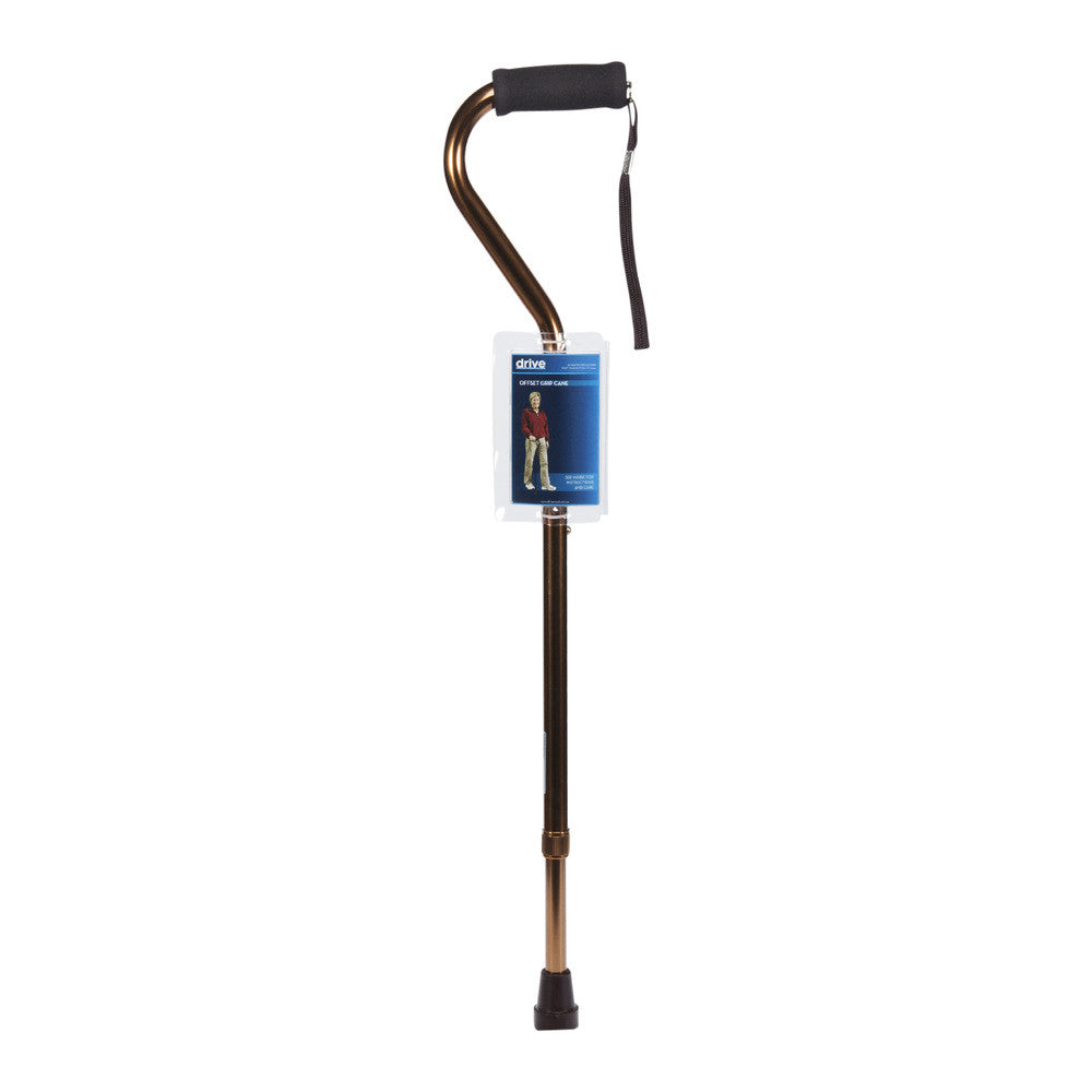 Drive Medical adjustable walking cane with foam grip and offset handle in bronze crackle finish, designed for stability and comfort.