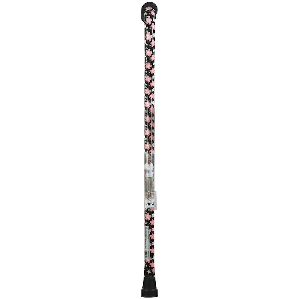Pink floral Drive Medical foam grip offset handle walking cane with ergonomic design and sturdy support.