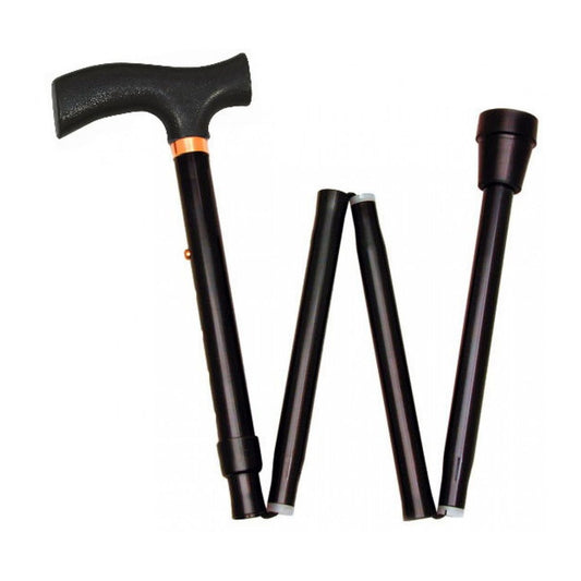 Drive Medical heavy-duty folding cane with adjustable height and T-handle, lightweight and sturdy for support and mobility.