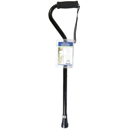 Black Drive Medical offset handle walking cane with foam grip, designed for stability and comfort, shown on a neutral background.