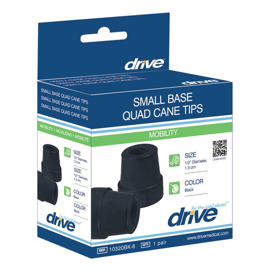 Drive Medical small base quad cane tip attached to a cane, providing stability and support for walking assistance.