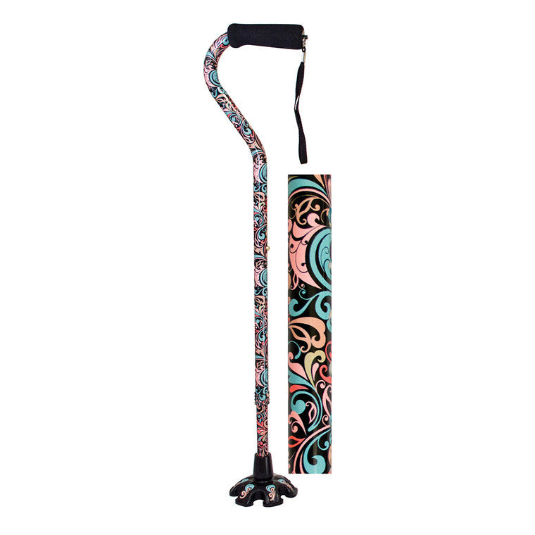 Essential Medical Supply Couture Offset Cane with Celebration Pattern and matching standing tip, designed by Pasteur Pharmacy.