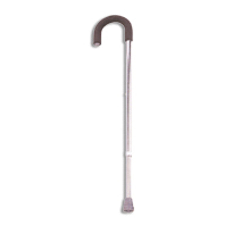 Adjustable silver Graham Field cane with round handle, designed for stability and support in walking and mobility aid.