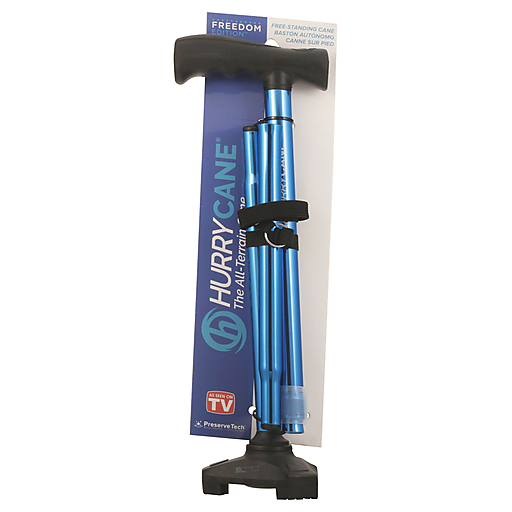 Blue HurryCane Freedom Edition folding cane with T-handle, designed for stability and support, by Pasteur Pharmacy.