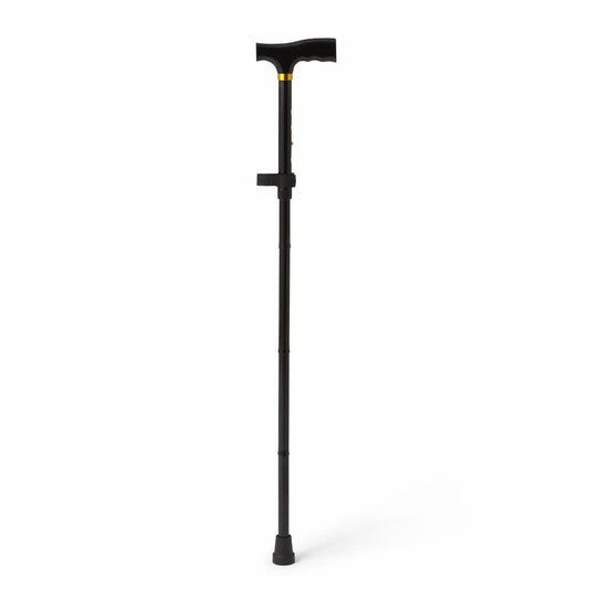 Black Medline folding T-handle cane with adjustable height and lightweight design, suitable for walking support.