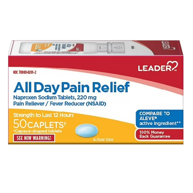 Pasteur Pharmacy Leader 12-hour pain reliever and fever reducer caplets, 220mg, 24 count, shown in blister pack.