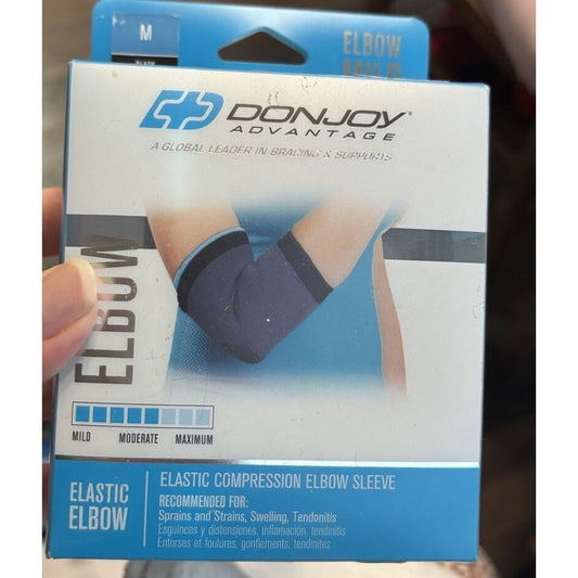 Black DonJoy Advantage elastic compression elbow sleeve, medium size, designed for support and relief in the Card Sleeves product line.