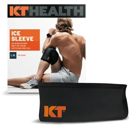 Black KT Health Recovery+ knee and elbow ice sleeve by Pasteur Pharmacy, showing flexible sleeve with cooling gel for injury relief.