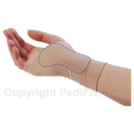 Large left Pedifix Visco-Gel Carpal Tunnel Relief Sleeve, 2 oz, shown on a hand for wrist support and compression therapy.