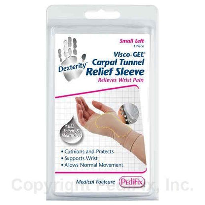 Large left Pedifix Visco-Gel Carpal Tunnel Relief Sleeve, 2 oz, designed to provide support and comfort for wrist pain relief.