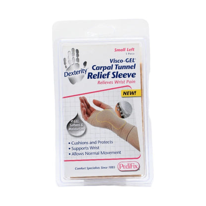 Small left PediFix Visco-Gel Carpal Tunnel Relief Sleeve by Pasteur Pharmacy, shown on a wrist with gel padding for pain relief.