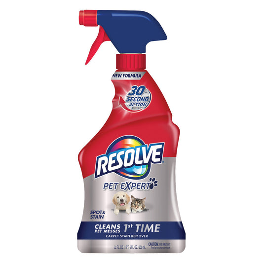 Resolve Pet Stain & Odor Remover Carpet Cleaner Spray by Pasteur Pharmacy, 22oz bottle with label and spray nozzle visible.