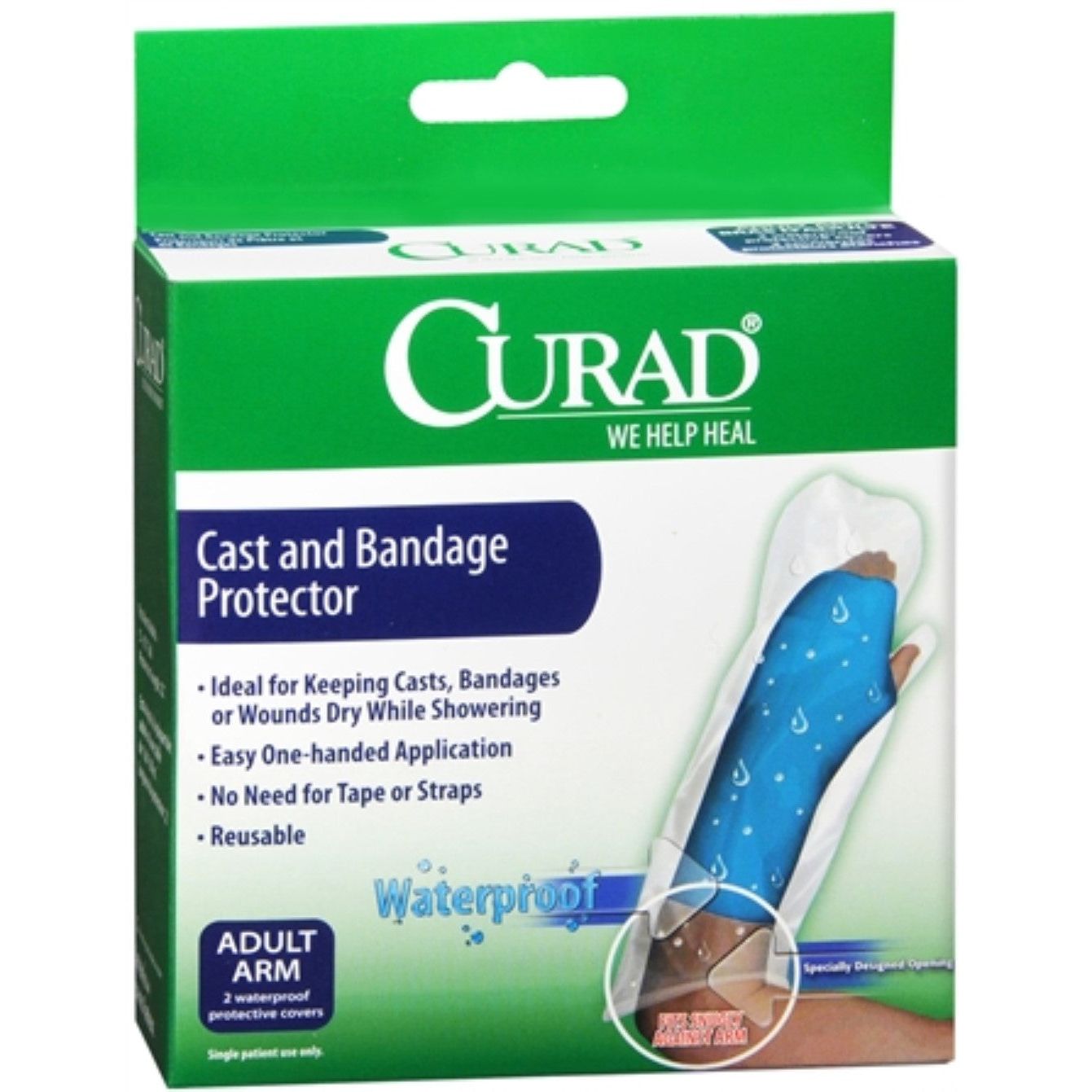 Adult arm cast and bandage protector by Curad, designed for secure, waterproof coverage of bandages and casts.