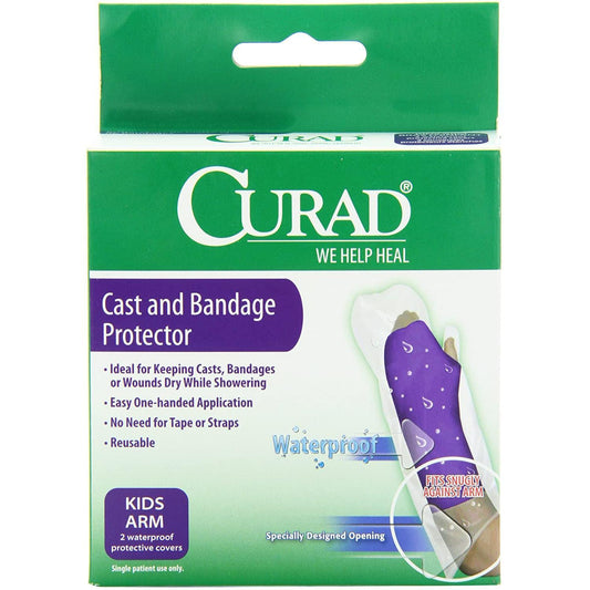 Kids' waterproof cast and bandage protector by Curad, designed to keep arms dry, shown in a 2-pack.