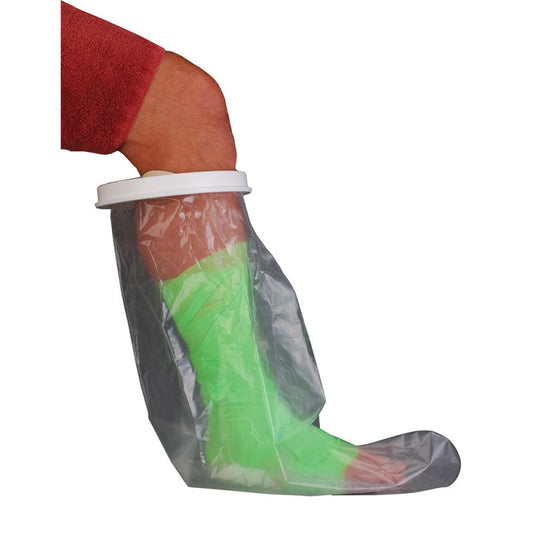 Young girl wearing a Nova Ortho-med Inc. 31-inch leg cast protector, made of clear waterproof material, designed for cast and bandage protection.