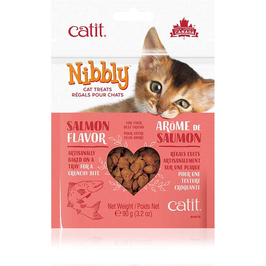 Catit Nibbly Salmon Flavor Cat Treats in a 3.17oz bag, natural salmon-flavored treats for cats from Pasteur Pharmacy.