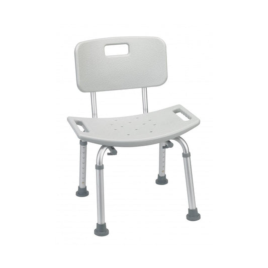Drive Medical gray bathroom safety shower tub bench chair with back support, designed for secure and comfortable bathing.