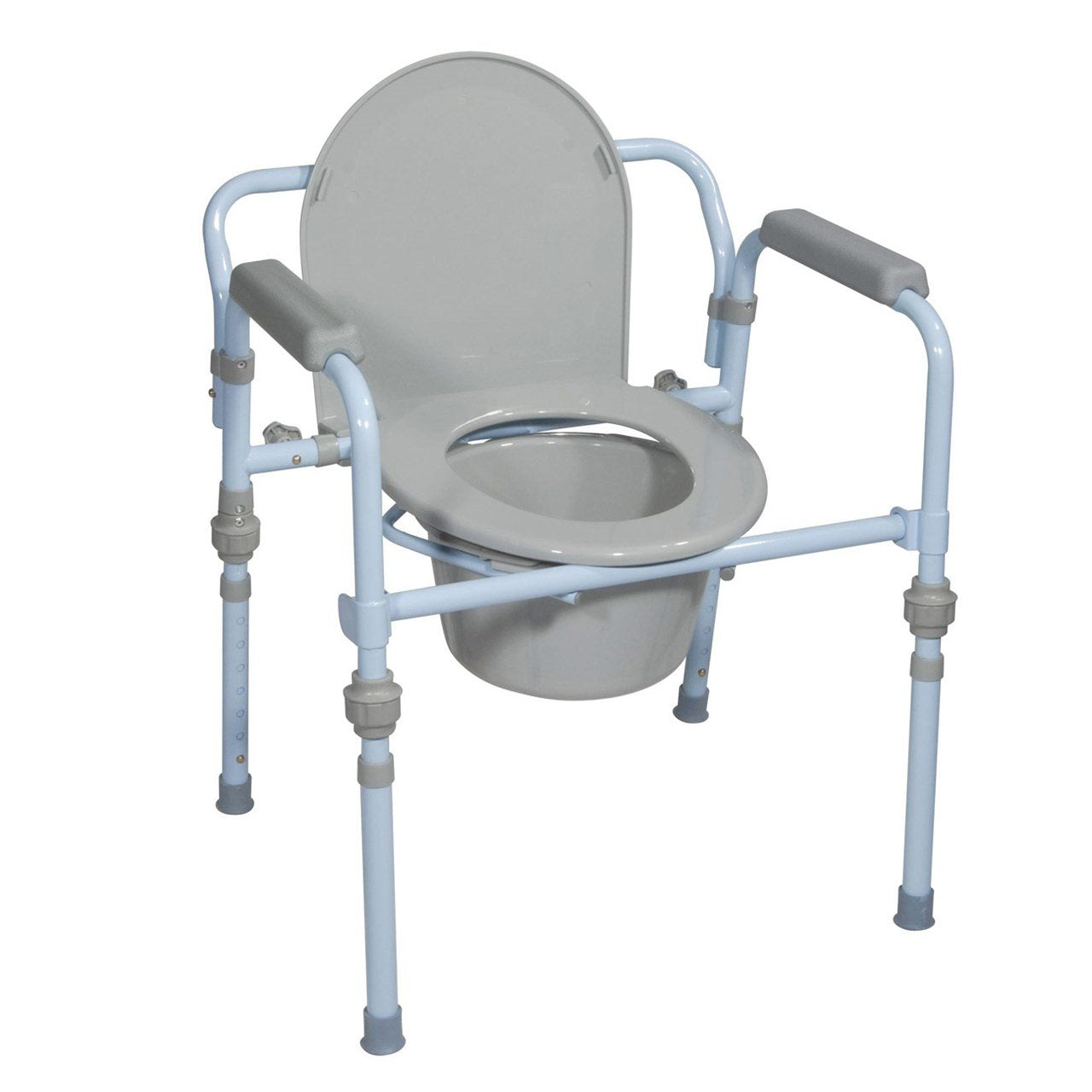 Drive Medical folding steel commode chair with armrests and a sturdy frame, designed for easy use and portability.