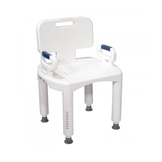 Drive Medical Premium Series shower chair with back and armrests, featuring a sturdy design for safe bathing assistance.