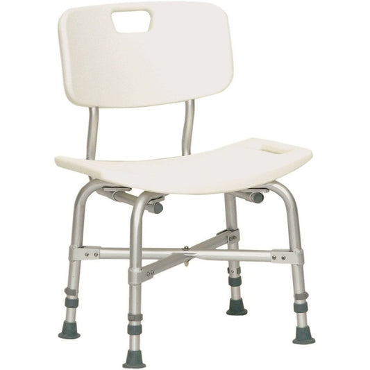 Roscoe bariatric shower chair with back support, durable plastic seat and sturdy frame, supports up to 550 pounds for bariatric use.