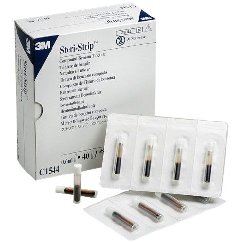 Channel strips with 3M Steri-Strip Compound Benzoin Tincture, 40-piece pack, used for wound closure and skin preparation.